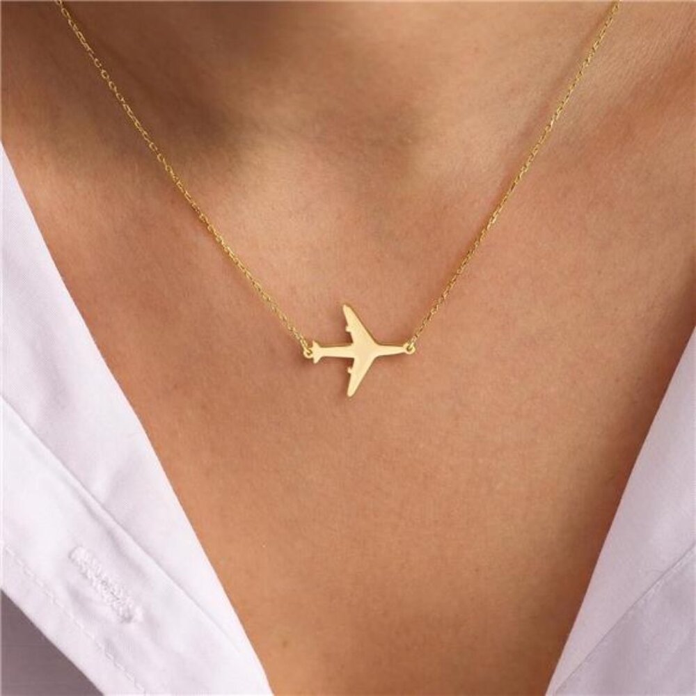 14K Gold Airplane Necklace | Dainty Plane Pendant Chain